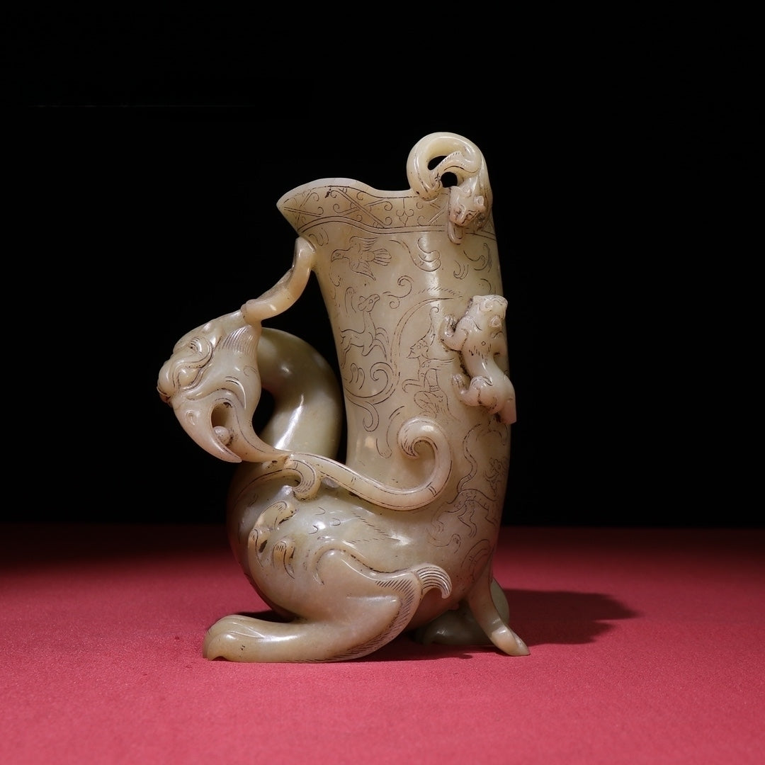 A1269 Superb Chinese Hetian Jade Carved Phoenix Wine Cup