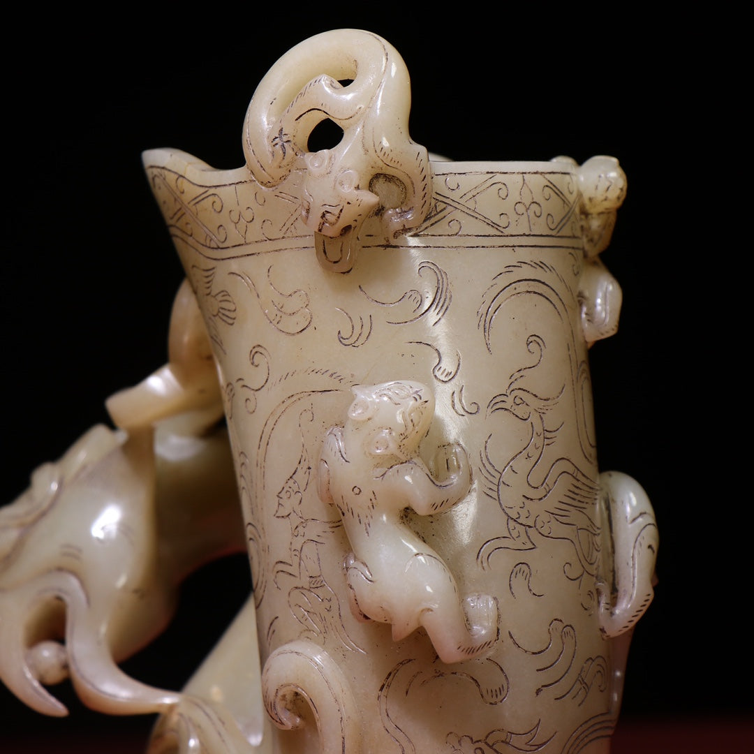 A1269 Superb Chinese Hetian Jade Carved Phoenix Wine Cup