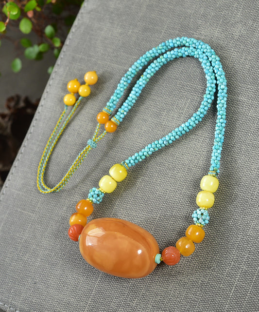 A1270 Beautiful Beeswax Lucky Pendant w Turquoise Beads Necklace