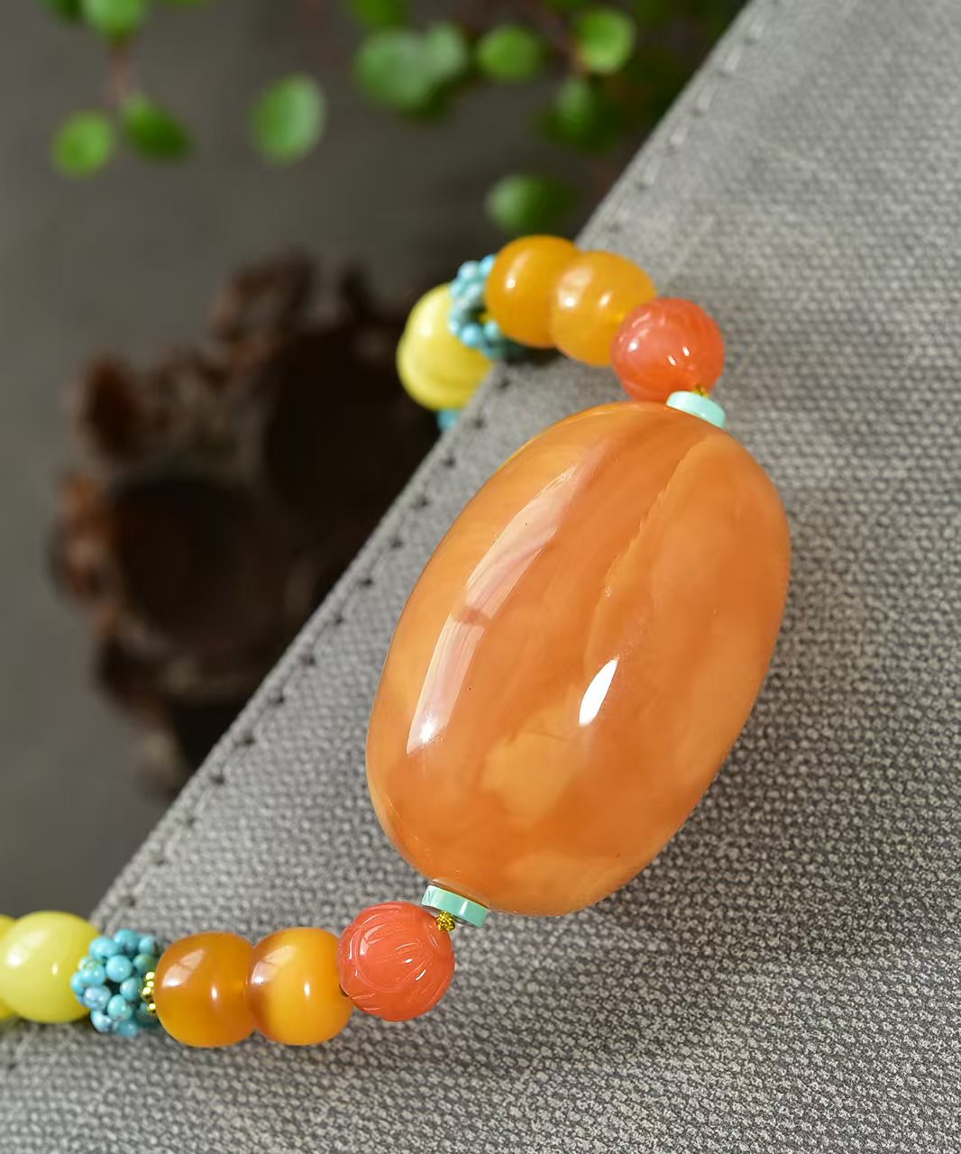 A1270 Beautiful Beeswax Lucky Pendant w Turquoise Beads Necklace