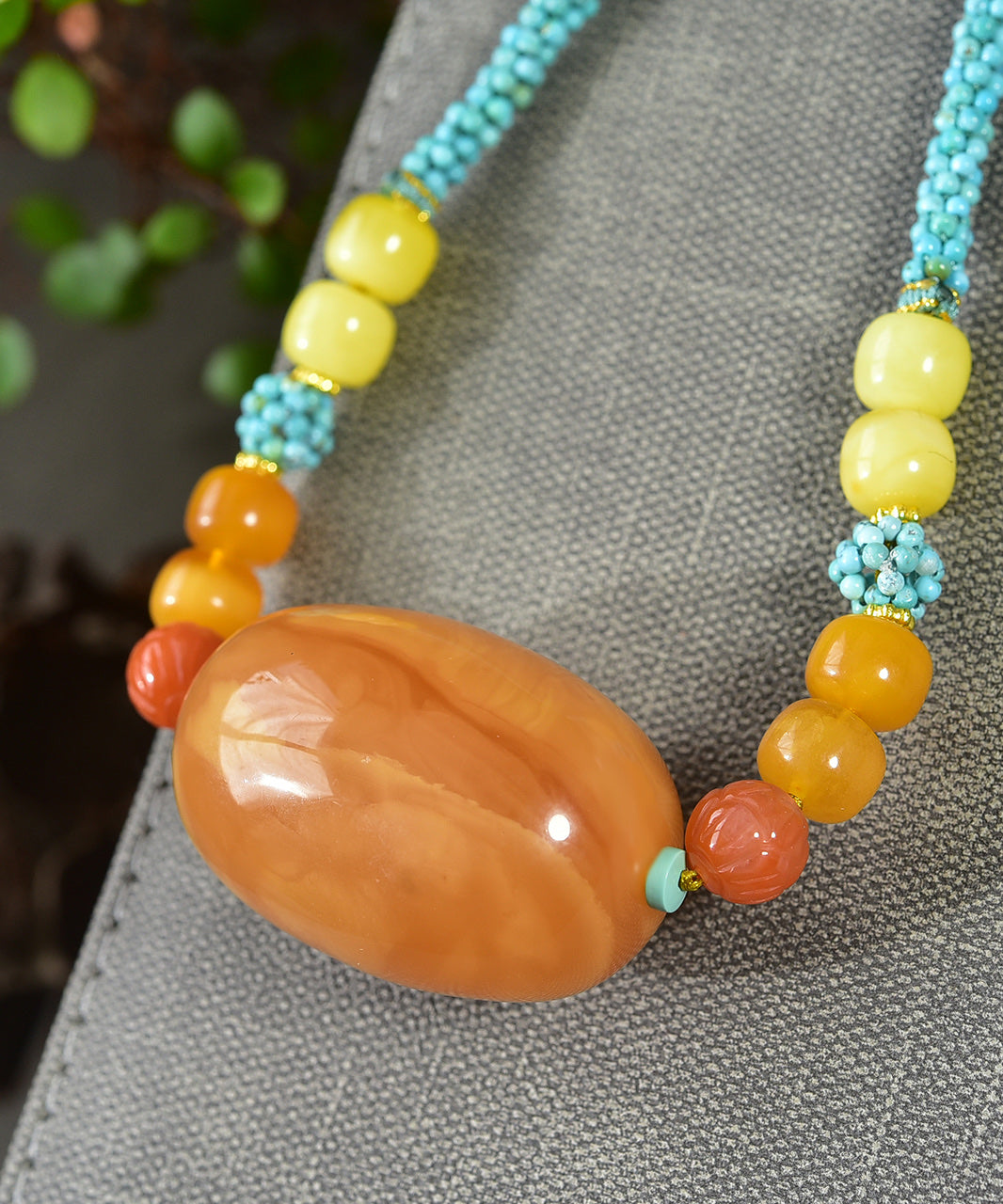 A1270 Beautiful Beeswax Lucky Pendant w Turquoise Beads Necklace