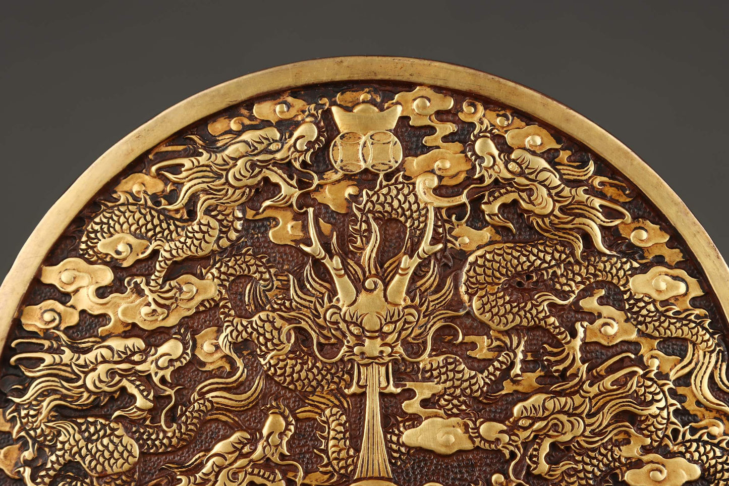 A1271 Vintage Chinese Gilt Gold Copper Nine Dragon Design Screen