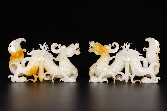 A1276 A Pair Chinese Hetian Jade Carved Fortune Dragon Statues