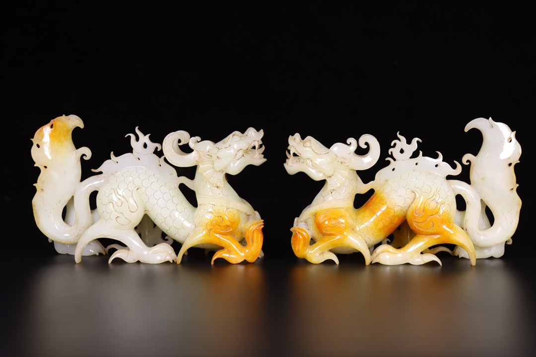 A1276 A Pair Chinese Hetian Jade Carved Fortune Dragon Statues