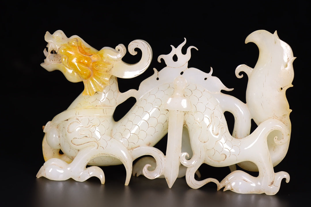 A1276 A Pair Chinese Hetian Jade Carved Fortune Dragon Statues