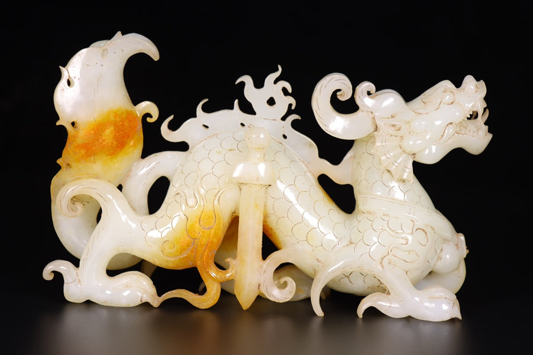 A1276 A Pair Chinese Hetian Jade Carved Fortune Dragon Statues