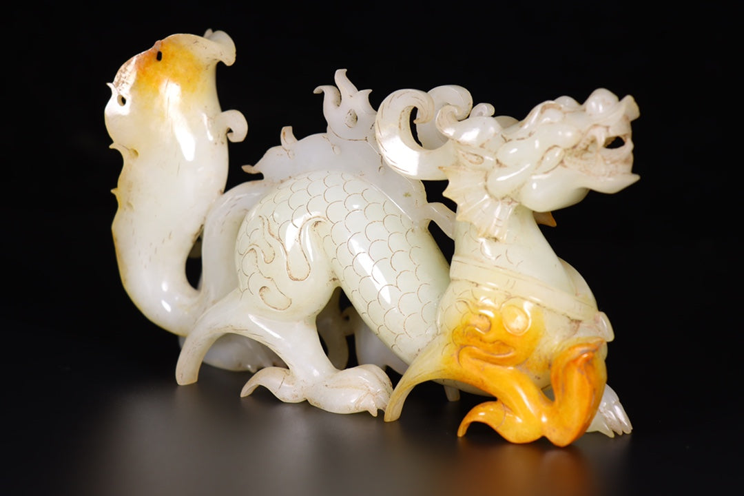 A1276 A Pair Chinese Hetian Jade Carved Fortune Dragon Statues