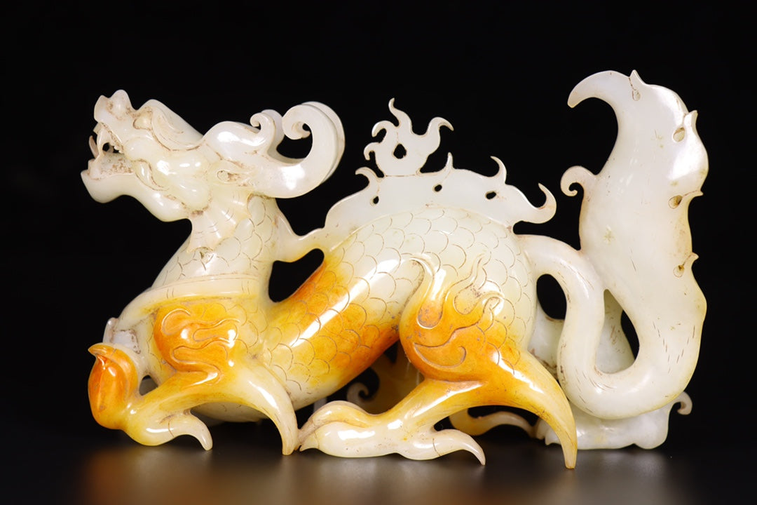 A1276 A Pair Chinese Hetian Jade Carved Fortune Dragon Statues