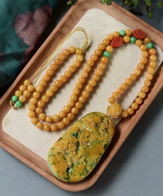 A1277 Exquisite Jadeite Carved Sages Meeting Pendant w Beads Necklace