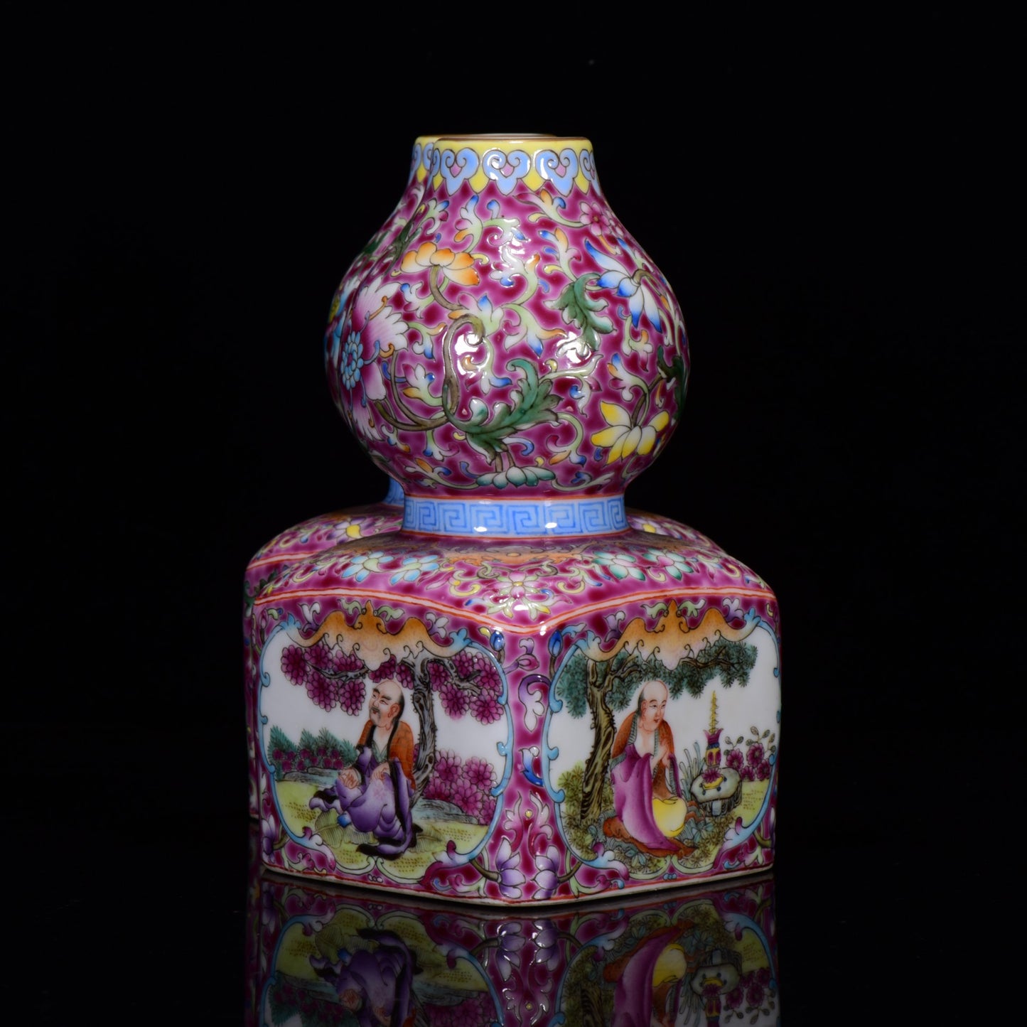 A1279 Chinese Qing Dynasty Gilt Gold Famille Rose Enamel Conjoined Porcelain Vase