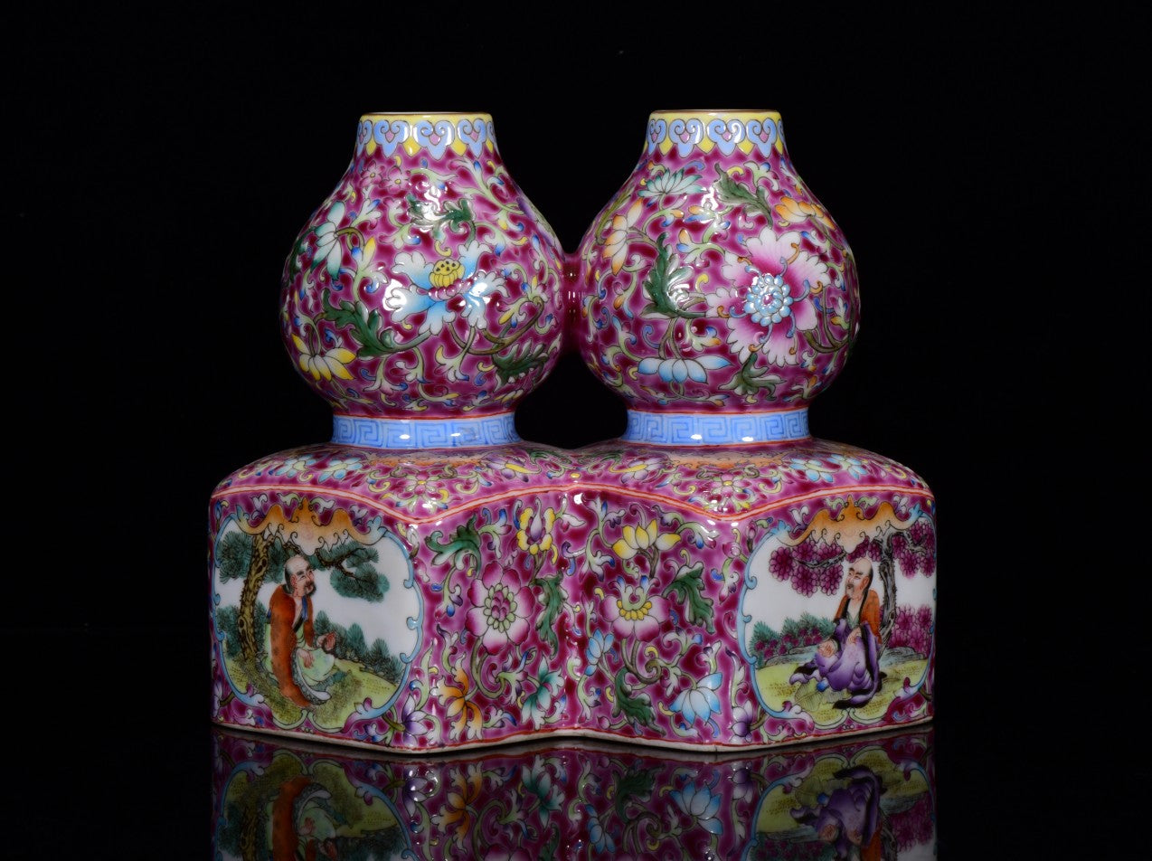 A1279 Chinese Qing Dynasty Gilt Gold Famille Rose Enamel Conjoined Porcelain Vase