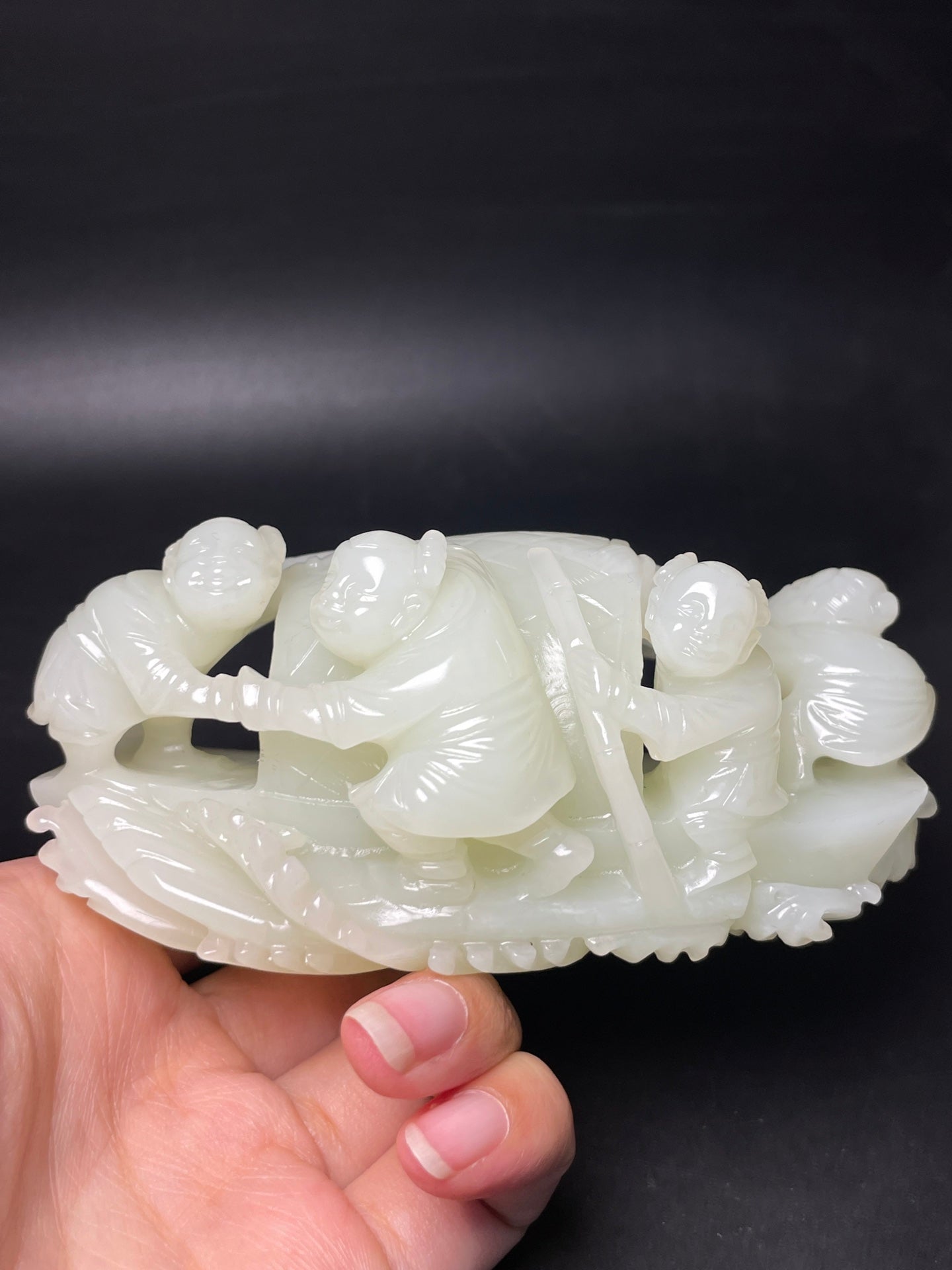 A1282 Superb Chinese Hetian Jade Carved Kid & Boat Statue