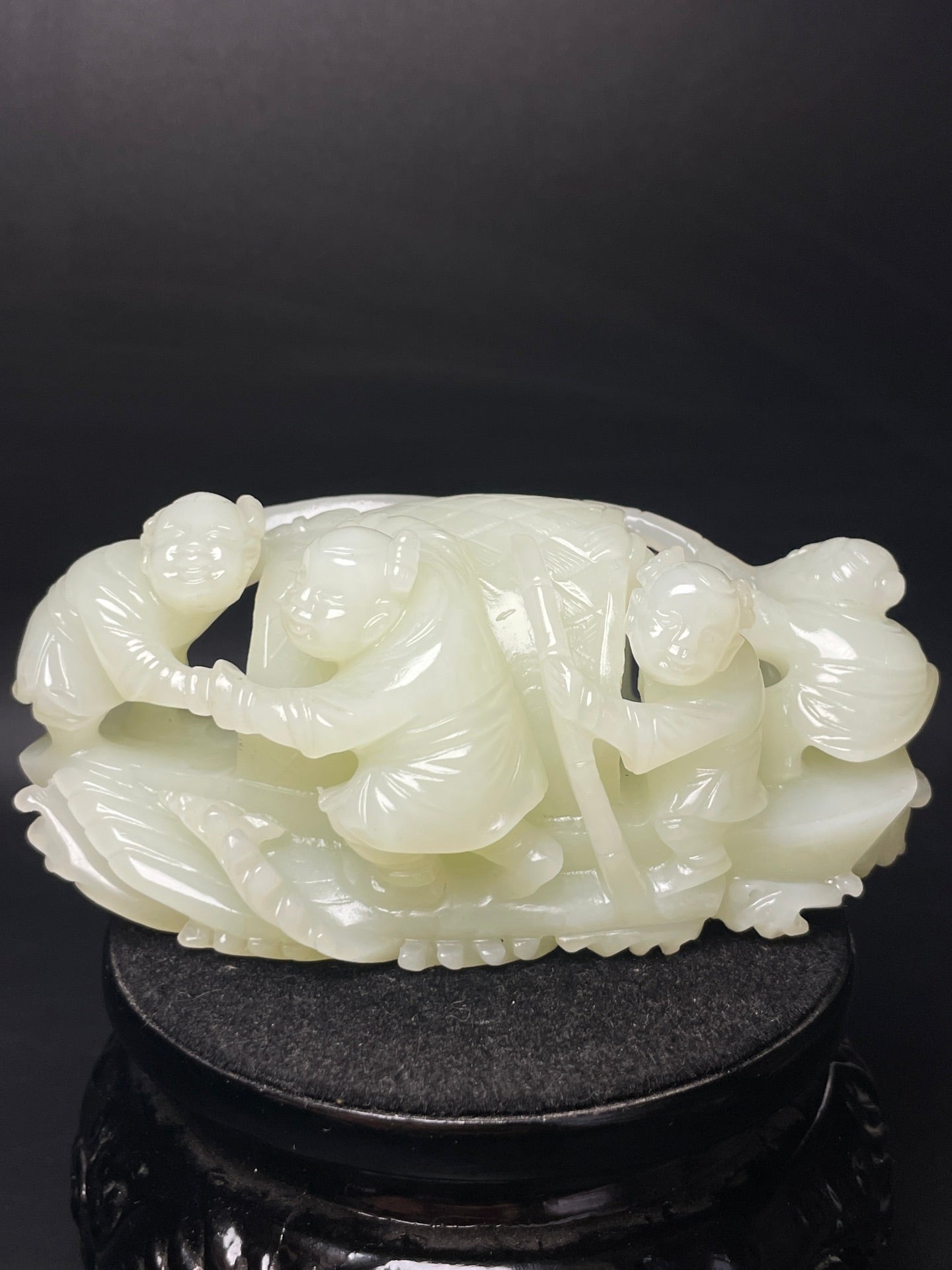 A1282 Superb Chinese Hetian Jade Carved Kid & Boat Statue