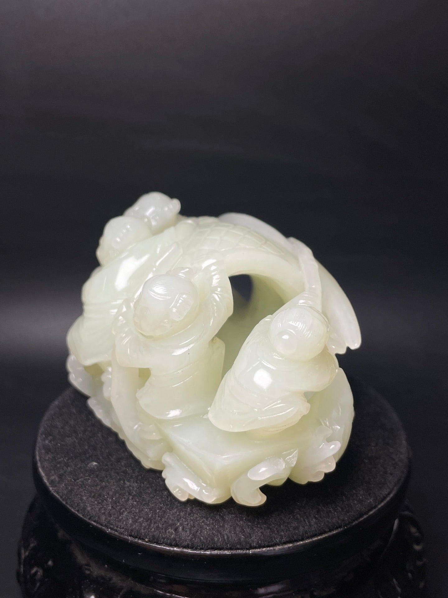 A1282 Superb Chinese Hetian Jade Carved Kid & Boat Statue