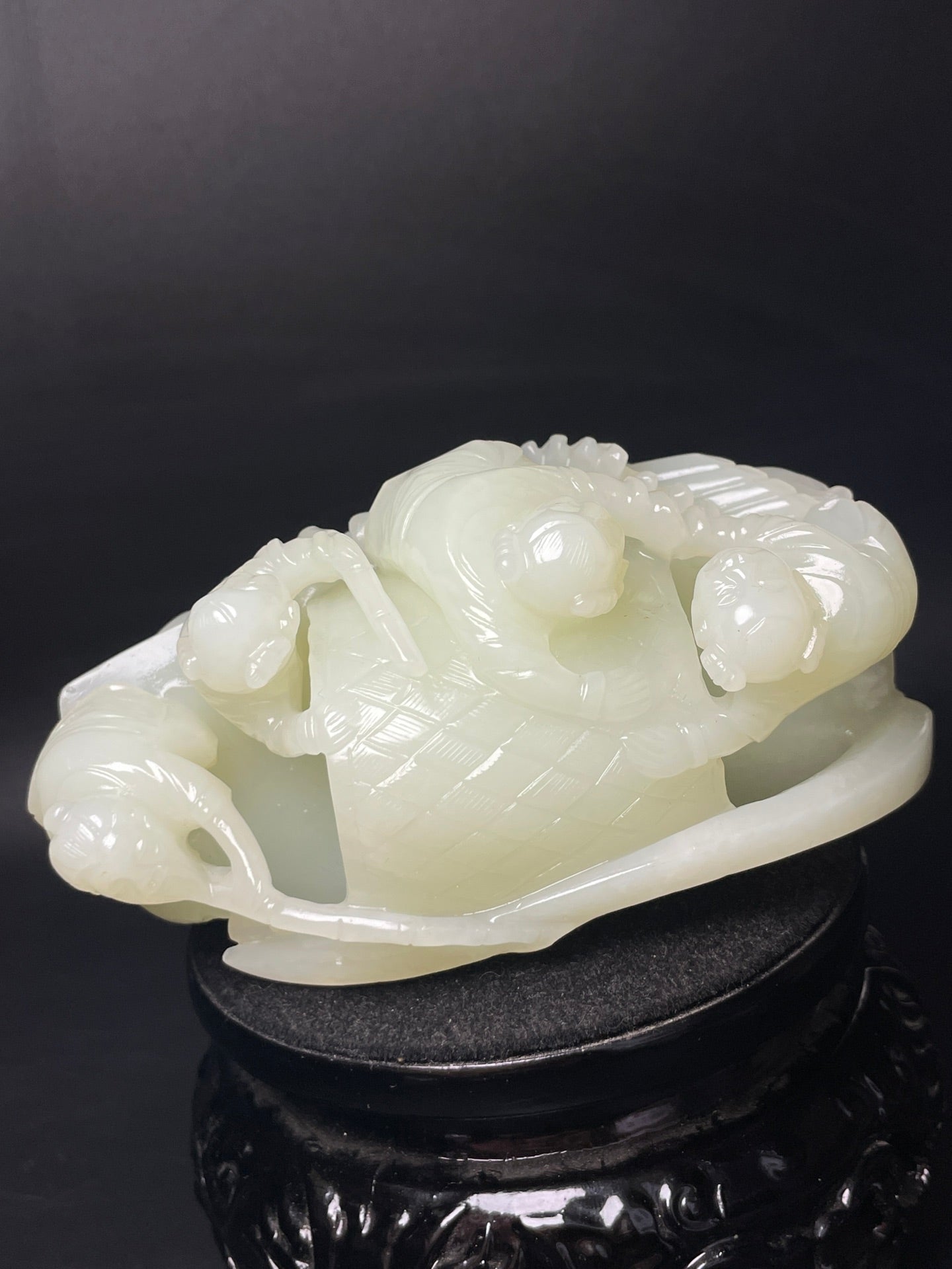 A1282 Superb Chinese Hetian Jade Carved Kid & Boat Statue