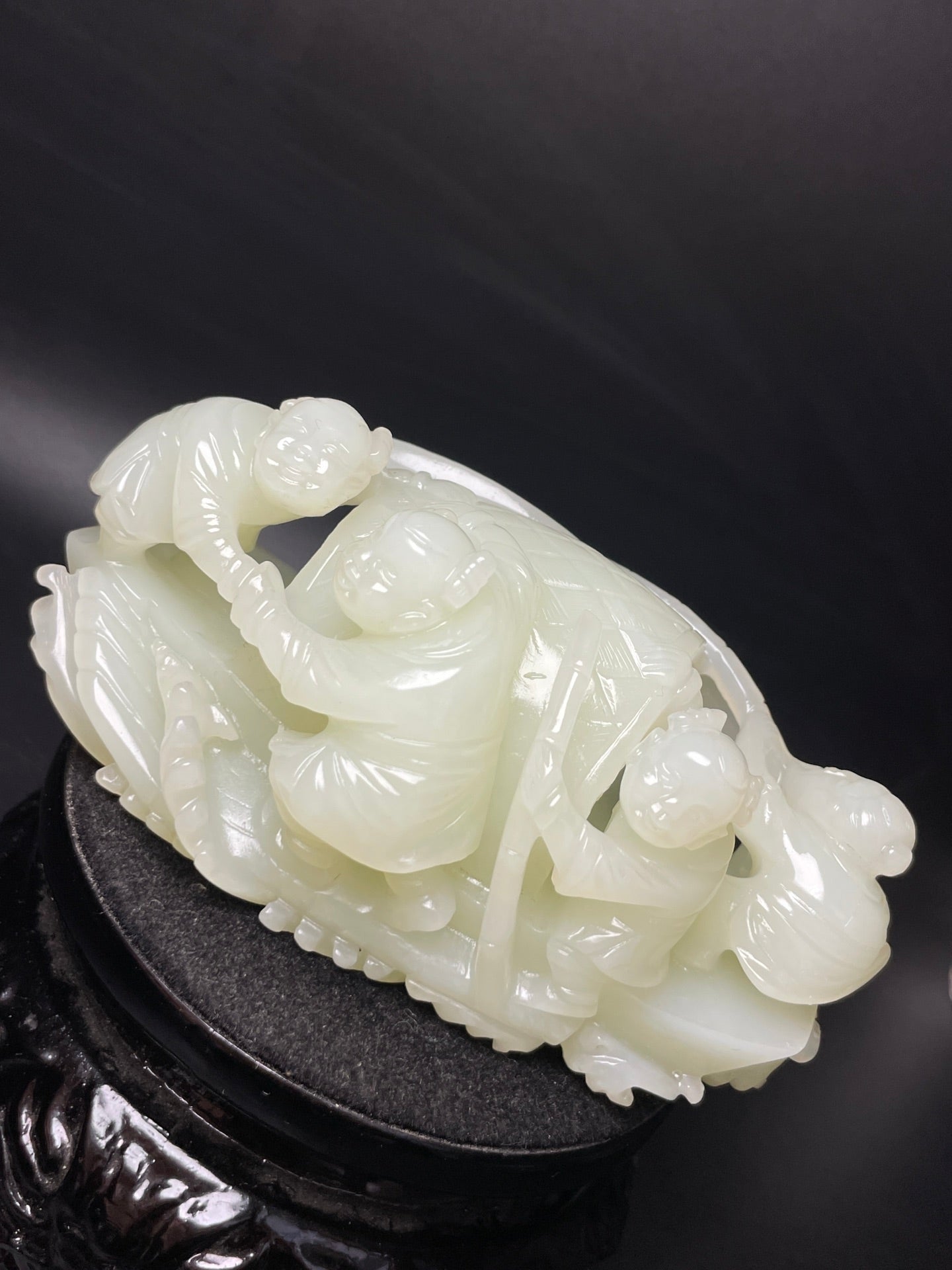 A1282 Superb Chinese Hetian Jade Carved Kid & Boat Statue