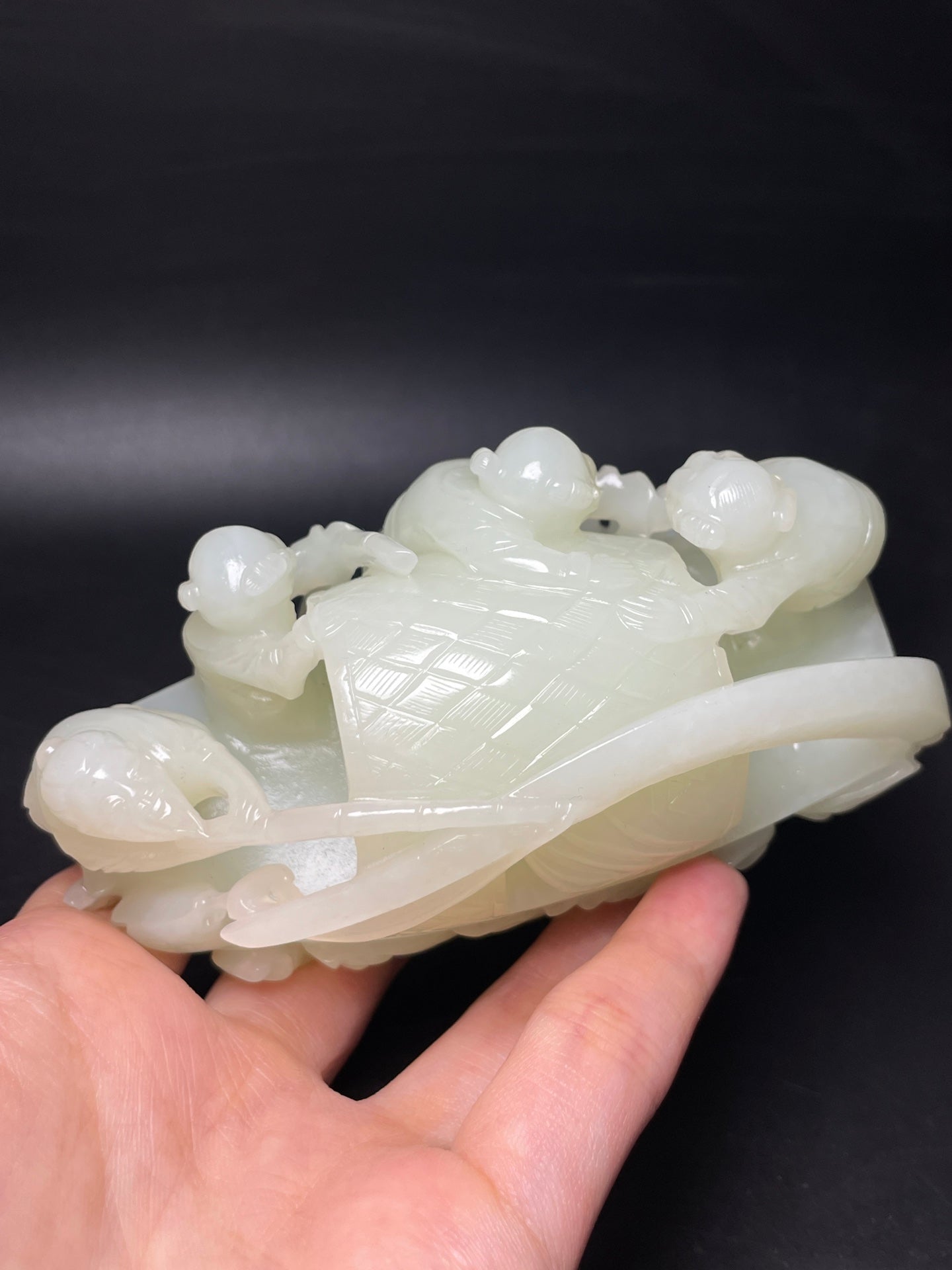 A1282 Superb Chinese Hetian Jade Carved Kid & Boat Statue