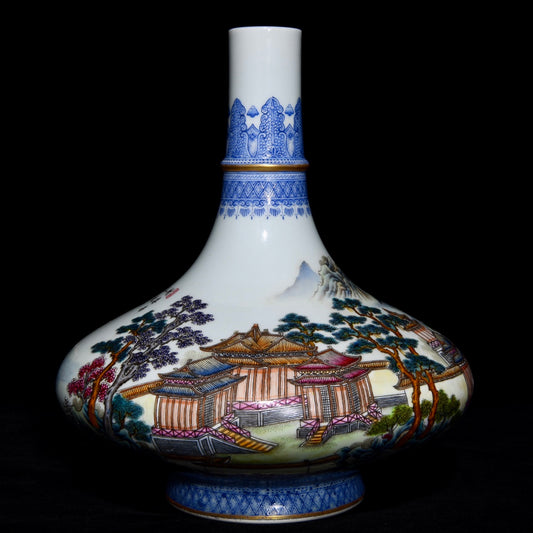 A1284 Chinese Qing Dynasty Famille Rose+Blue And White Porcelain Live In Remote Mountains Design Vase