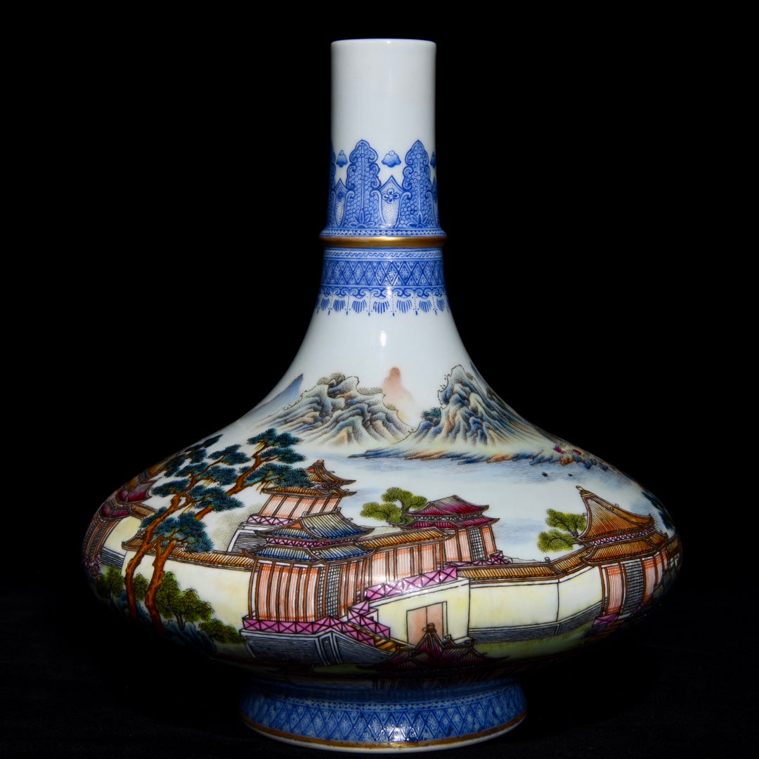 A1284 Chinese Qing Dynasty Famille Rose+Blue And White Porcelain Live In Remote Mountains Design Vase