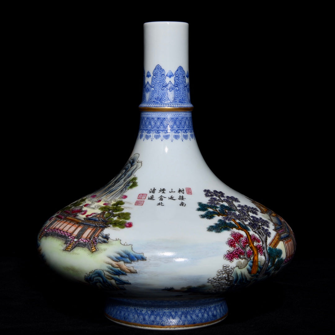 A1284 Chinese Qing Dynasty Famille Rose+Blue And White Porcelain Live In Remote Mountains Design Vase