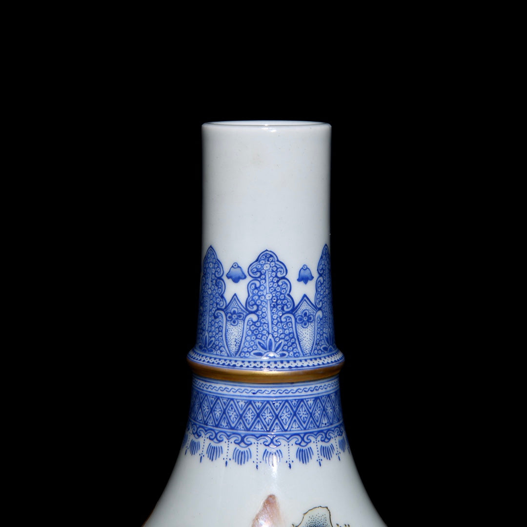 A1284 Chinese Qing Dynasty Famille Rose+Blue And White Porcelain Live In Remote Mountains Design Vase