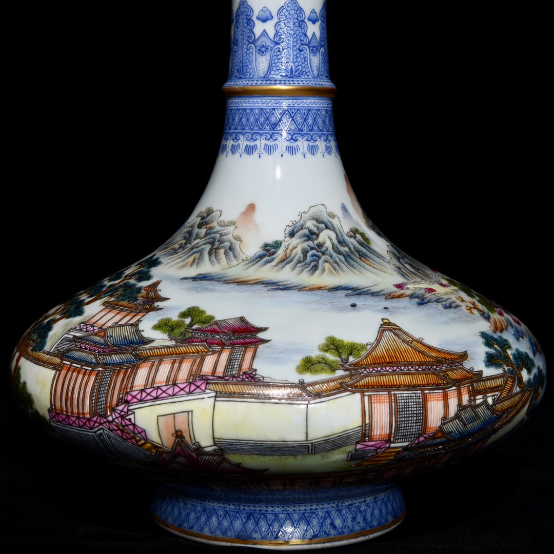 A1284 Chinese Qing Dynasty Famille Rose+Blue And White Porcelain Live In Remote Mountains Design Vase