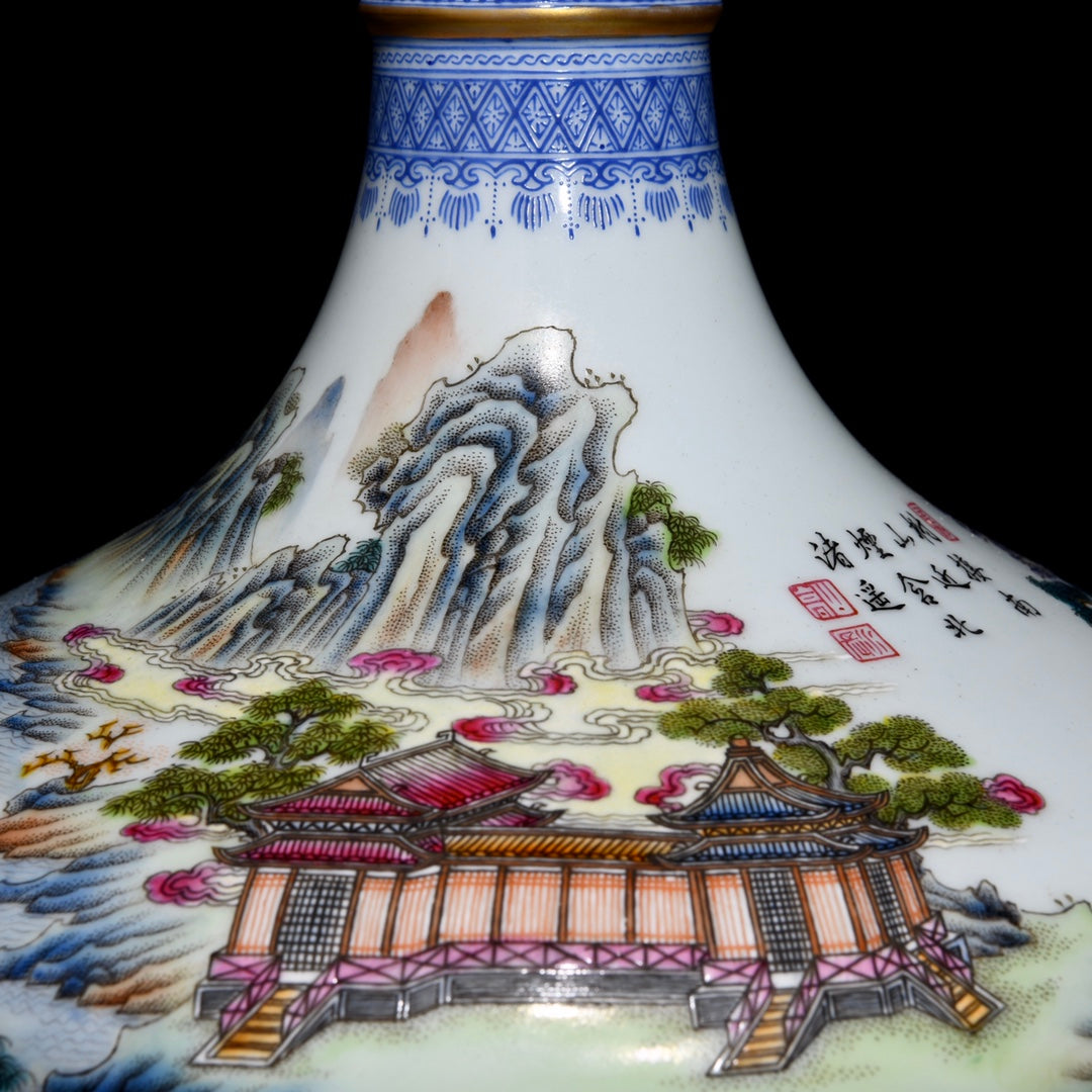 A1284 Chinese Qing Dynasty Famille Rose+Blue And White Porcelain Live In Remote Mountains Design Vase