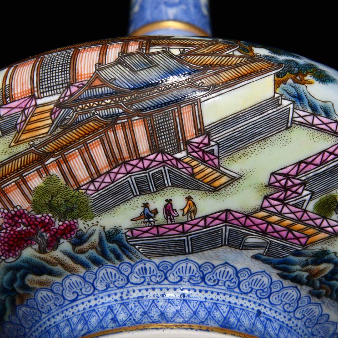 A1284 Chinese Qing Dynasty Famille Rose+Blue And White Porcelain Live In Remote Mountains Design Vase