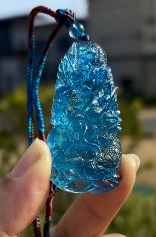 A1285 Beautiful Aquamarine Carved Fortune Dragon Pendant