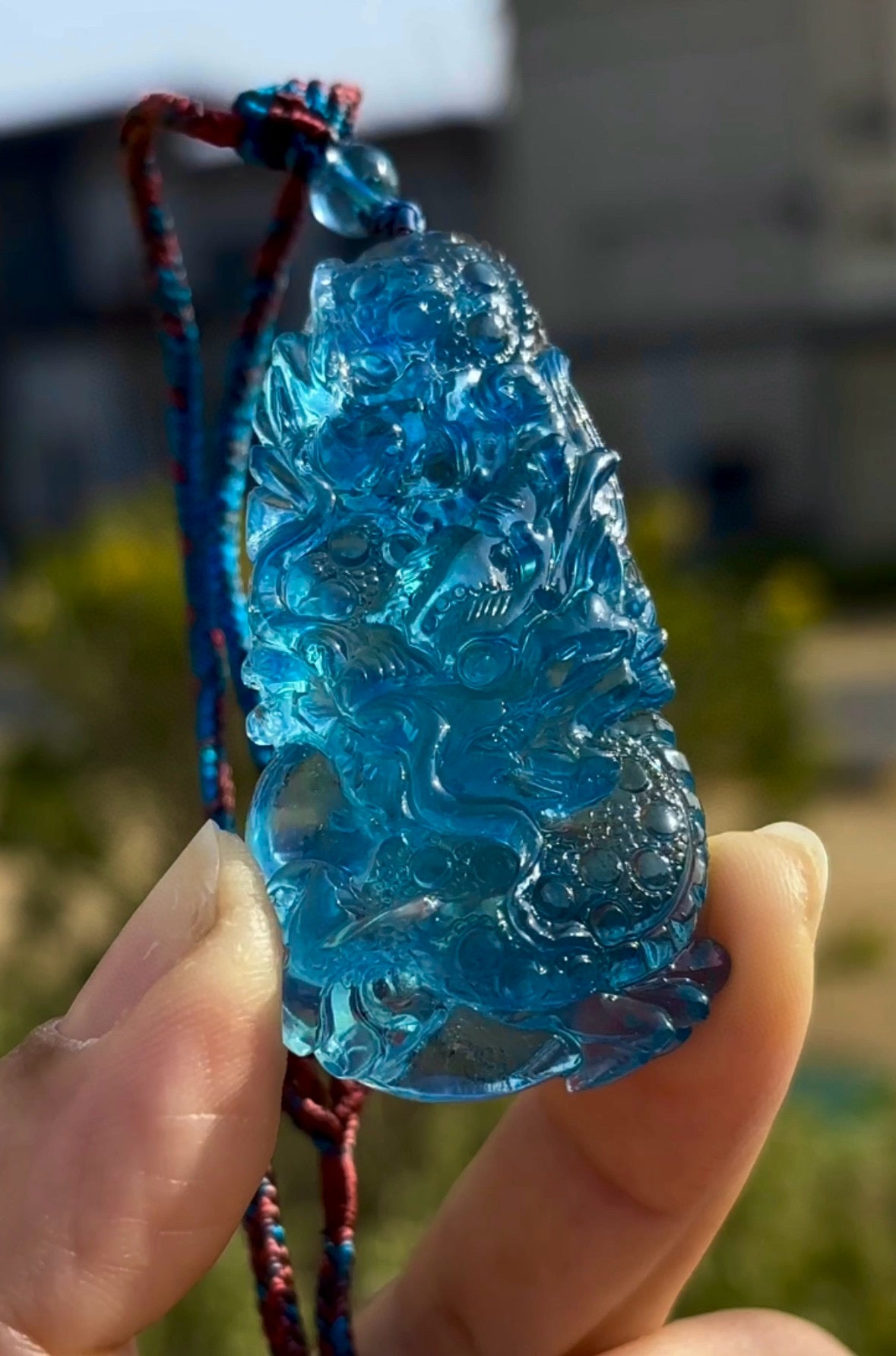 A1285 Beautiful Aquamarine Carved Fortune Dragon Pendant