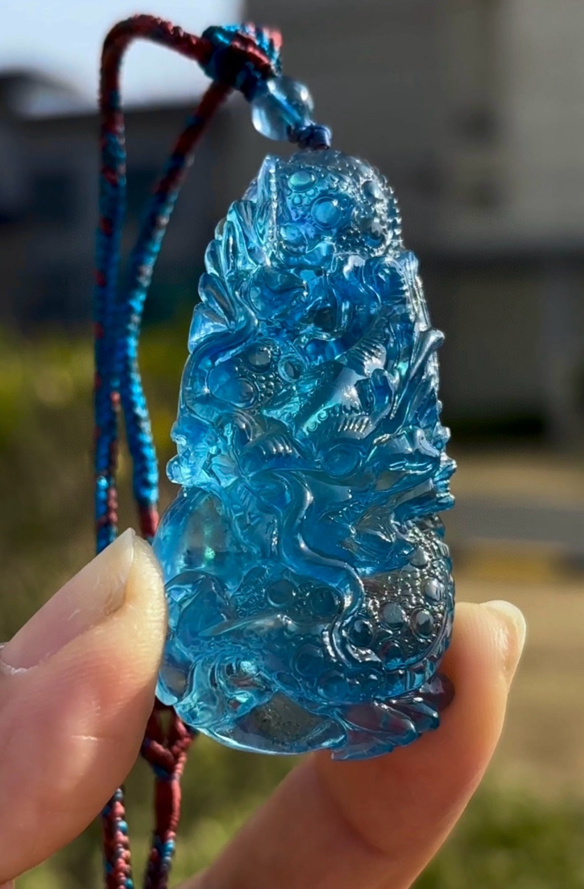 A1285 Beautiful Aquamarine Carved Fortune Dragon Pendant