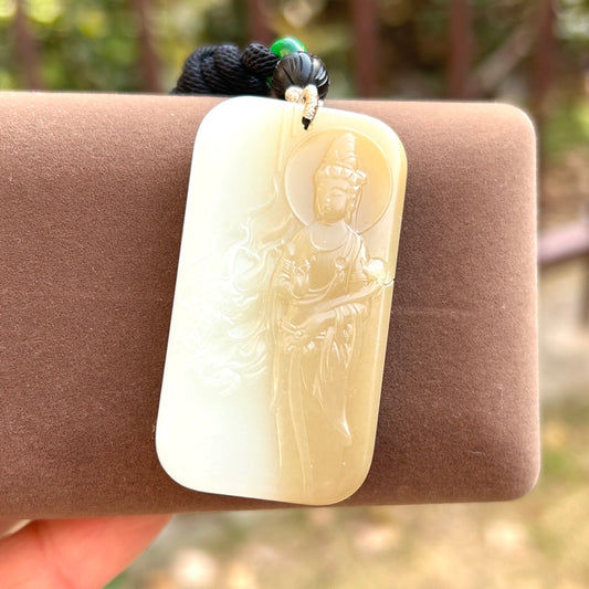 A1287 Chinese Natural Hetian Jade Low Relief Kwan-yin Pendant