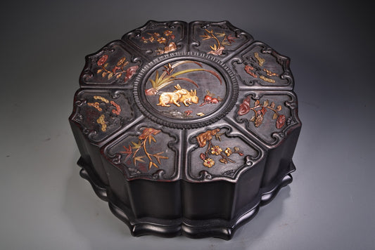 A1289 Vintage Chinese Zitan Wood Inlay Shoushan Stone Plum Flower & Orchid & Bamboo & Chrysanthemum Jewellery Box