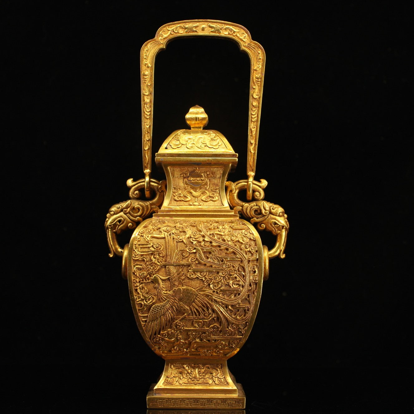 A1291 Chinese Gilt Gold Copper High Relief Phoenix Design Handle Pot