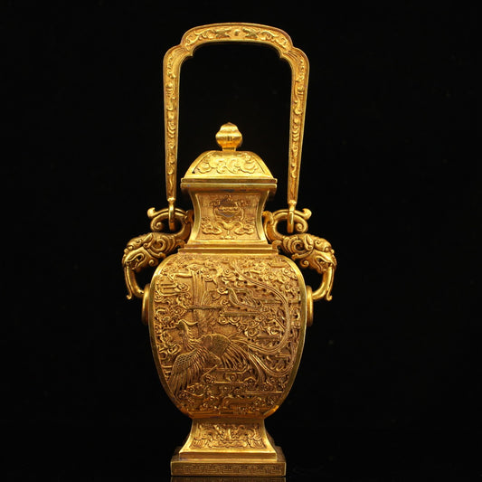 A1291 Chinese Gilt Gold Copper High Relief Phoenix Design Handle Pot