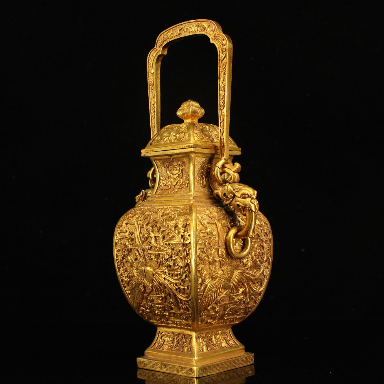 A1291 Chinese Gilt Gold Copper High Relief Phoenix Design Handle Pot