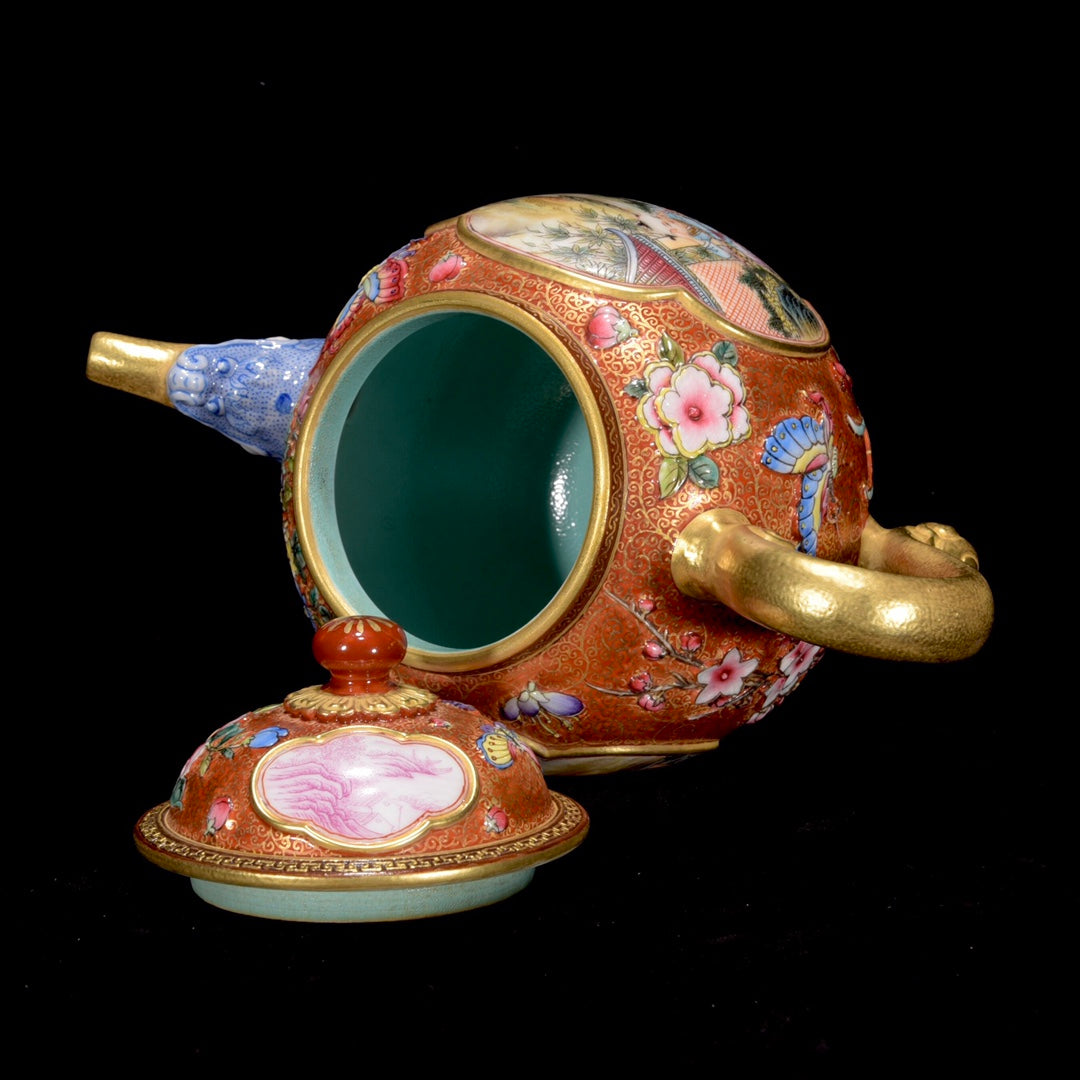 A1295 Chinese Qing Dynasty Gilt Gold Famille Rose Urchin Design Porcelain Teapot