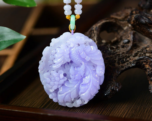 A1297 Exquisite Purple Jadeite Carved Phoenix & Peony Pendant w Beads Necklace