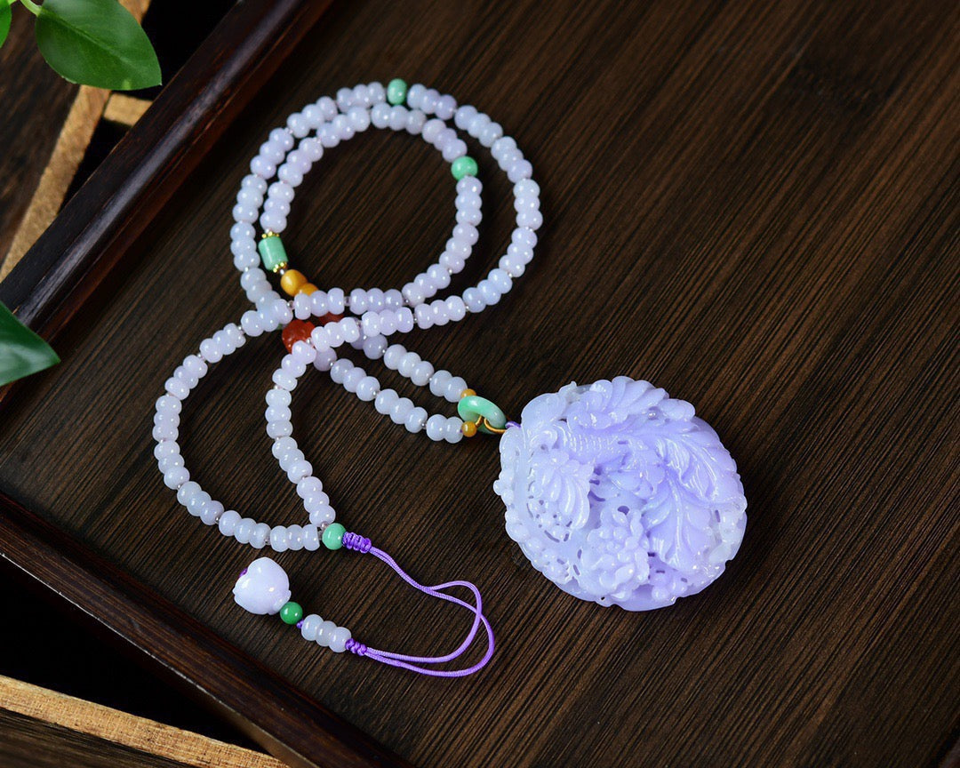 A1297 Exquisite Purple Jadeite Carved Phoenix & Peony Pendant w Beads Necklace