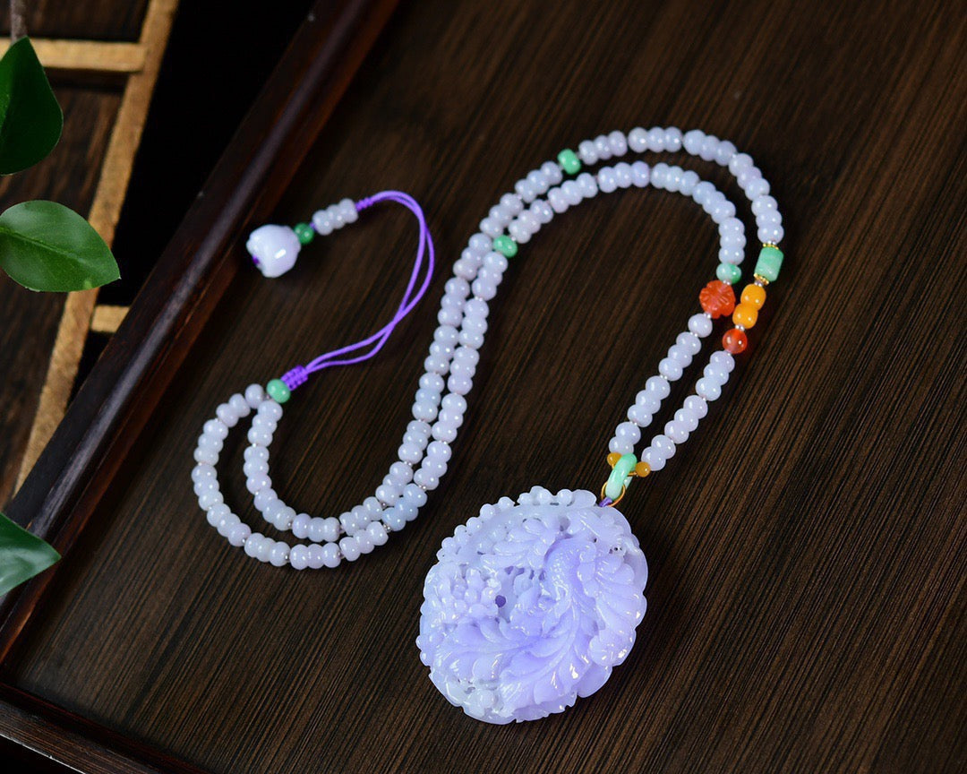 A1297 Exquisite Purple Jadeite Carved Phoenix & Peony Pendant w Beads Necklace