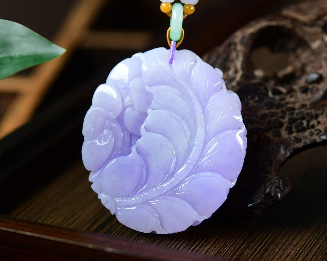 A1297 Exquisite Purple Jadeite Carved Phoenix & Peony Pendant w Beads Necklace