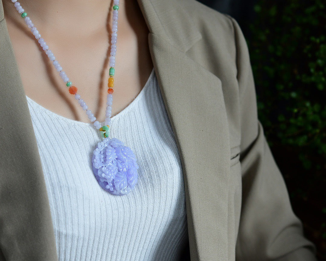 A1297 Exquisite Purple Jadeite Carved Phoenix & Peony Pendant w Beads Necklace