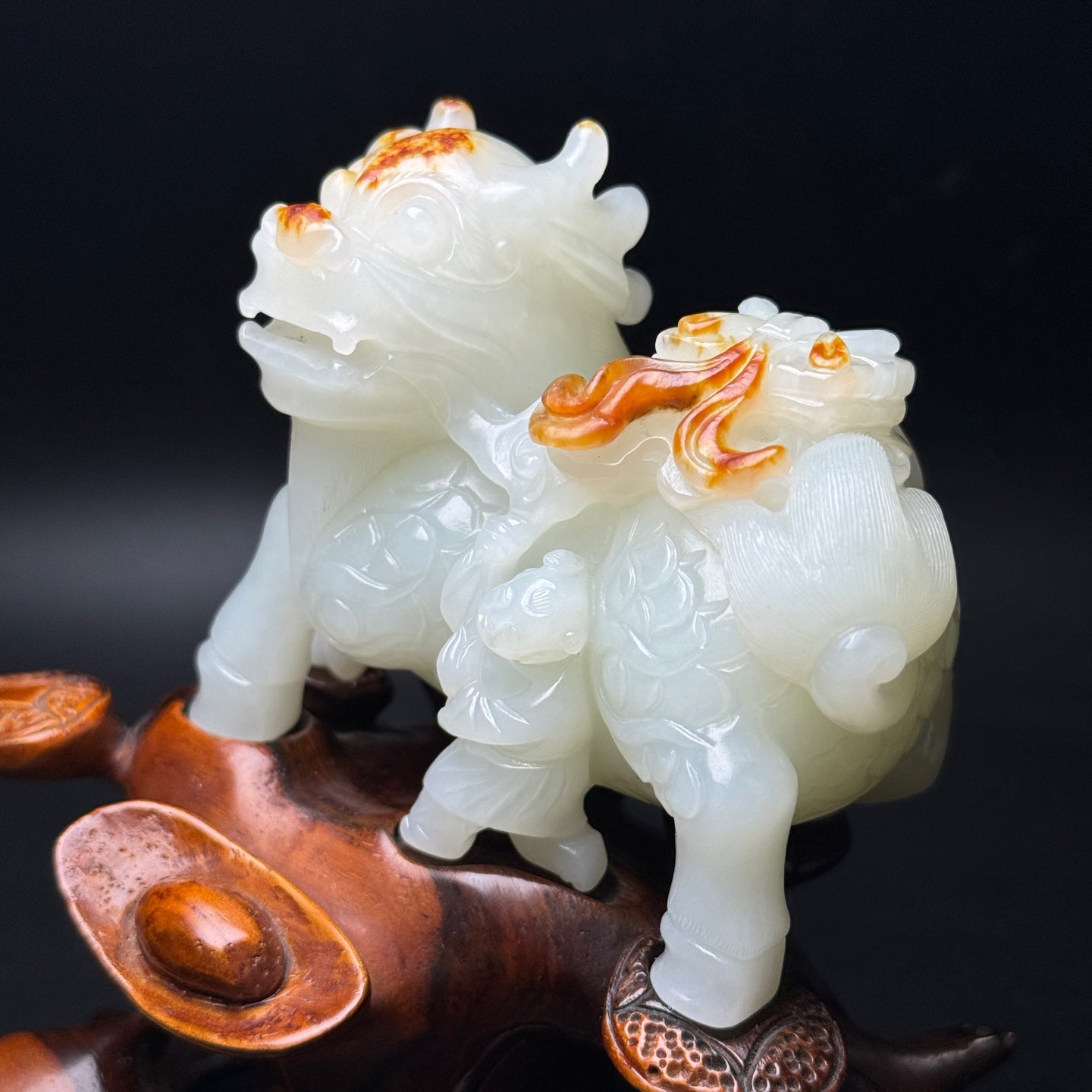 A1298 Superb Chinese Hetian Jade Carved Fortune Kylin & Kid Statue