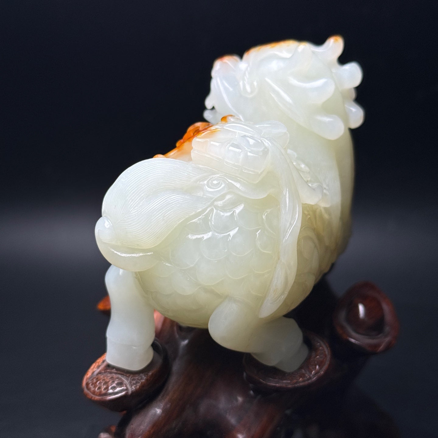 A1298 Superb Chinese Hetian Jade Carved Fortune Kylin & Kid Statue