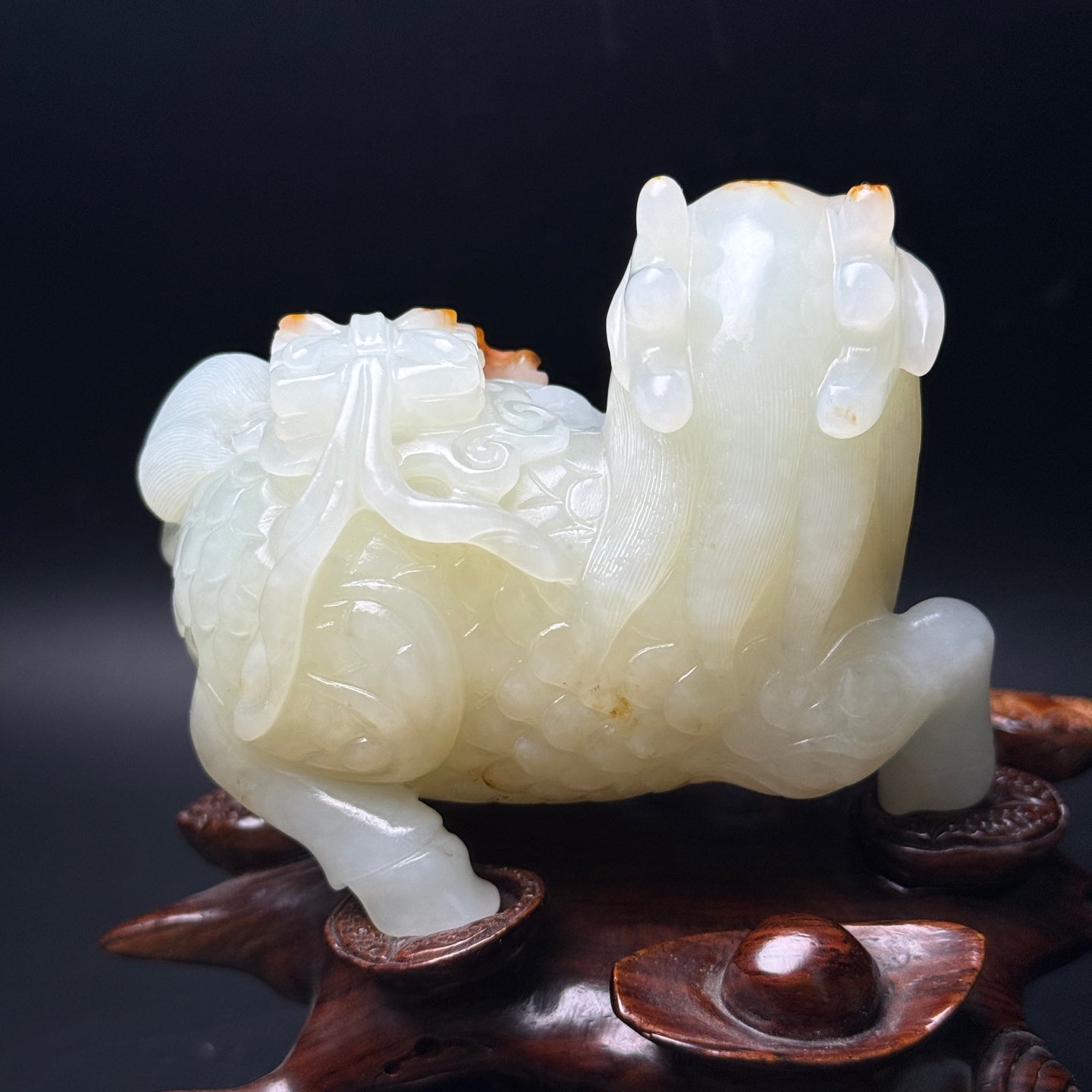 A1298 Superb Chinese Hetian Jade Carved Fortune Kylin & Kid Statue