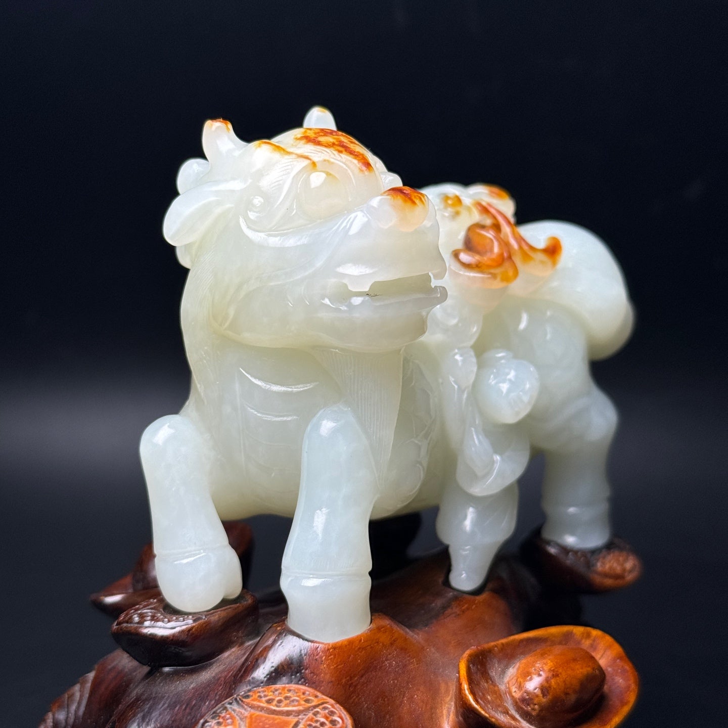 A1298 Superb Chinese Hetian Jade Carved Fortune Kylin & Kid Statue