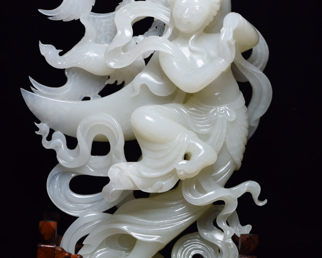 A1301 High Quality Chinese White Hetian Jade Carved Feitian Female Deity Statue