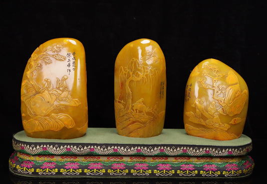 A1306 A Set Three Chiense Shoushan Tianhuang Stone Low Relief Sages Meeting Seals