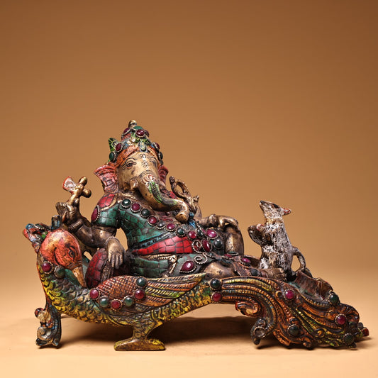 A1308 Tibetan Buddhism Gilt Gold Copper Inlay Turquoise & Gems Ganesha Buddha Statue