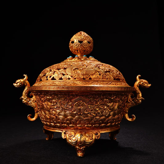 A1313 Vintage Chinese Gilt Gold Copper Inlay Turquoise Double Ear Incense Burner